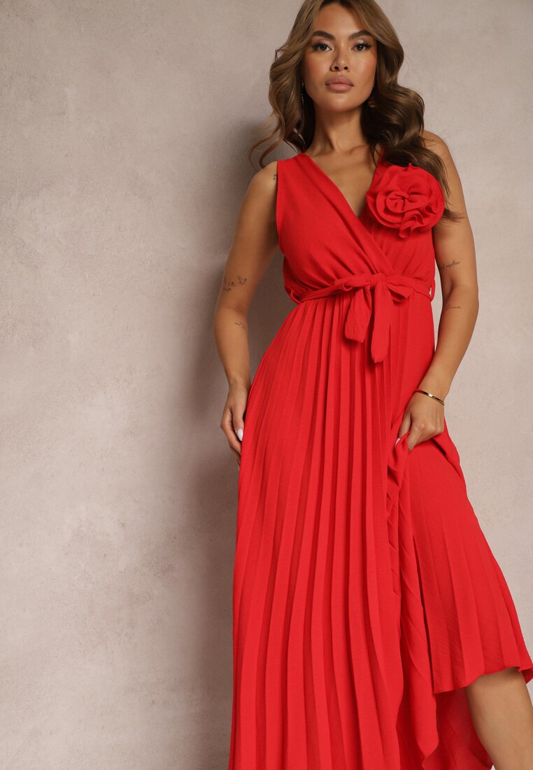 Rochie de Cocktail Roșie Pliată cu Broșă Florală Curea și Elastic în Talie Viknna