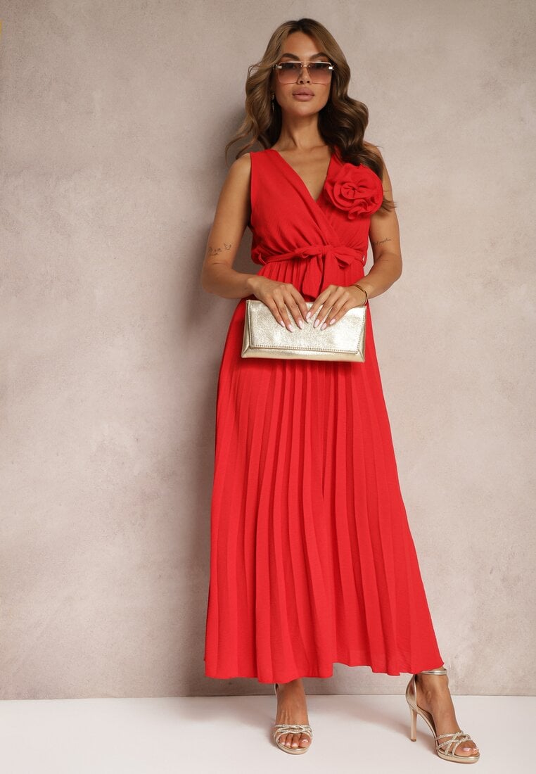 Rochie de Cocktail Roșie Pliată cu Broșă Florală Curea și Elastic în Talie Viknna