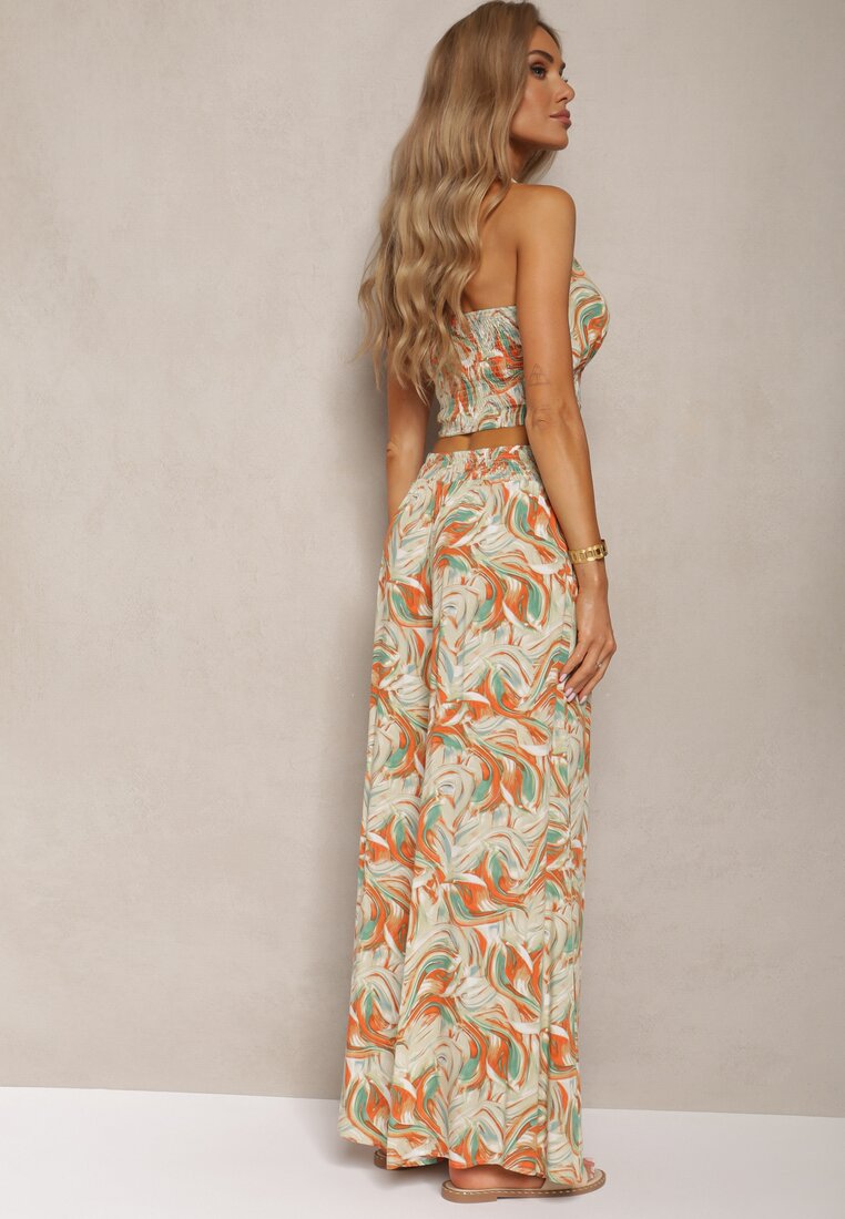 Portocaliu-Verde Set Boho din Bumbac Top Scurt cu Bretele Elastice Pantaloni Largi Rasida