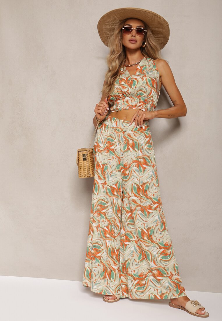 Portocaliu-Verde Set Boho din Bumbac Top Scurt cu Bretele Elastice Pantaloni Largi Rasida