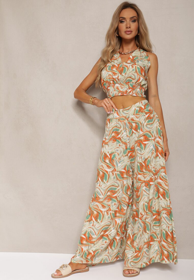 Portocaliu-Verde Set Boho din Bumbac Top Scurt cu Bretele Elastice Pantaloni Largi Rasida