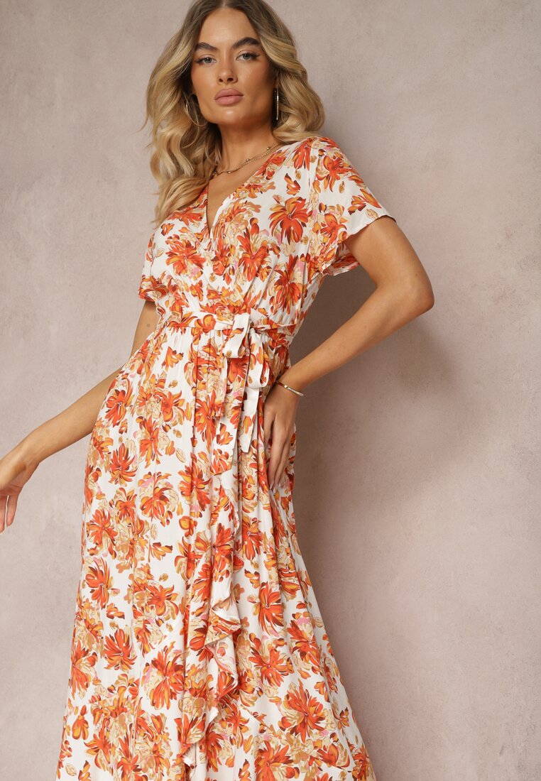 Rochie portocalie cloș din viscoză cu elastic în talie și curea din material Vikllia