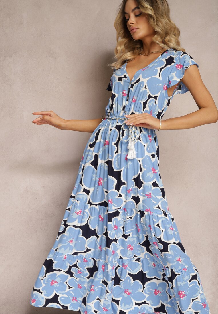 Rochie Albastră Florală din Viscoză cu Elastic în Talie Legată cu Curea din Material Vikennia