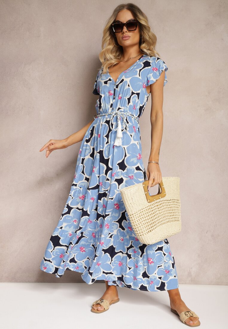 Rochie Albastră Florală din Viscoză cu Elastic în Talie Legată cu Curea din Material Vikennia