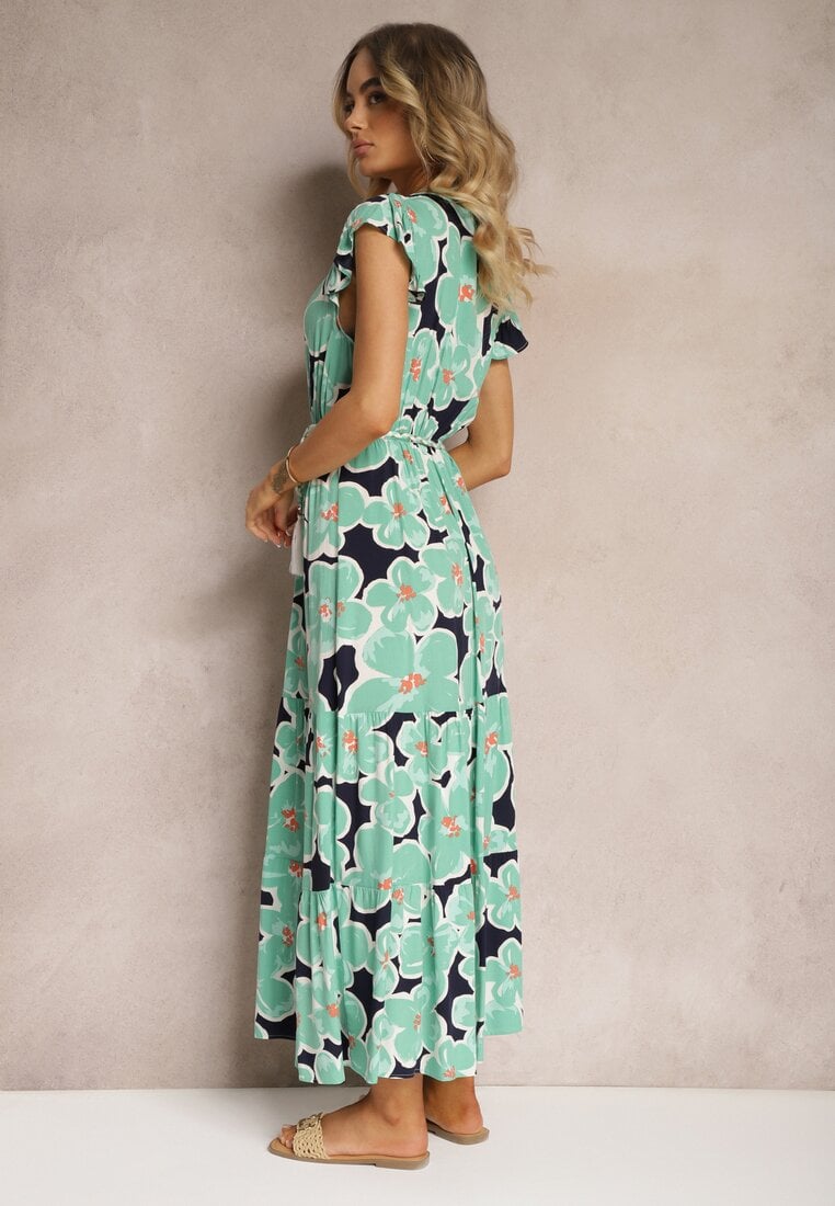 Rochie Verde Florală din Viscoză cu Elastic în Talie Legată cu Curea din Material Vikennia