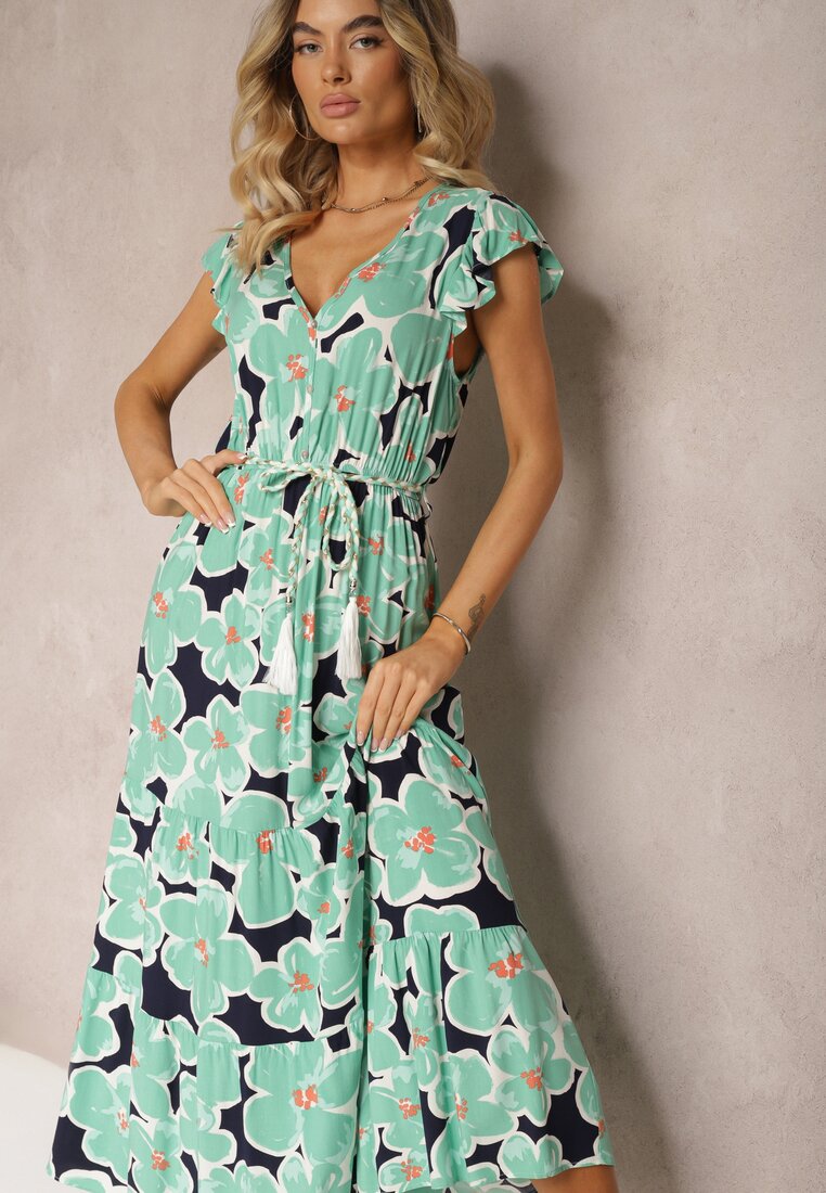 Rochie Verde Florală din Viscoză cu Elastic în Talie Legată cu Curea din Material Vikennia