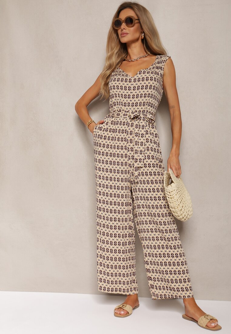 Bej Talie Jumpsuit Vascoză Bretele Legat Talie Seadia