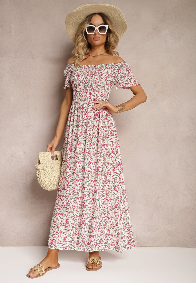 Rochie Alb-Roz Florală Spaniolă cu Elastic în Talie Naadia