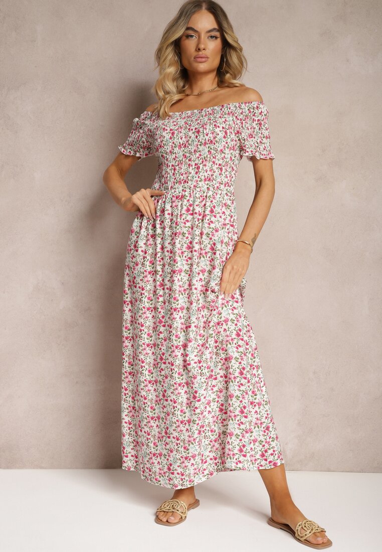 Rochie Alb-Roz Florală Spaniolă cu Elastic în Talie Naadia