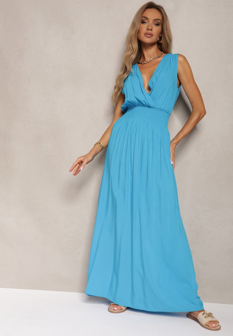 Rochie bleumarin cambrată din viscoză cu elastic în talie și decolteu tip plic Kairidia