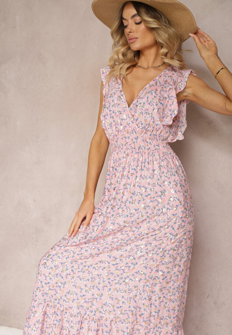 Rochie roz din viscoză cu croi evazat elastic în talie și volane Xardia