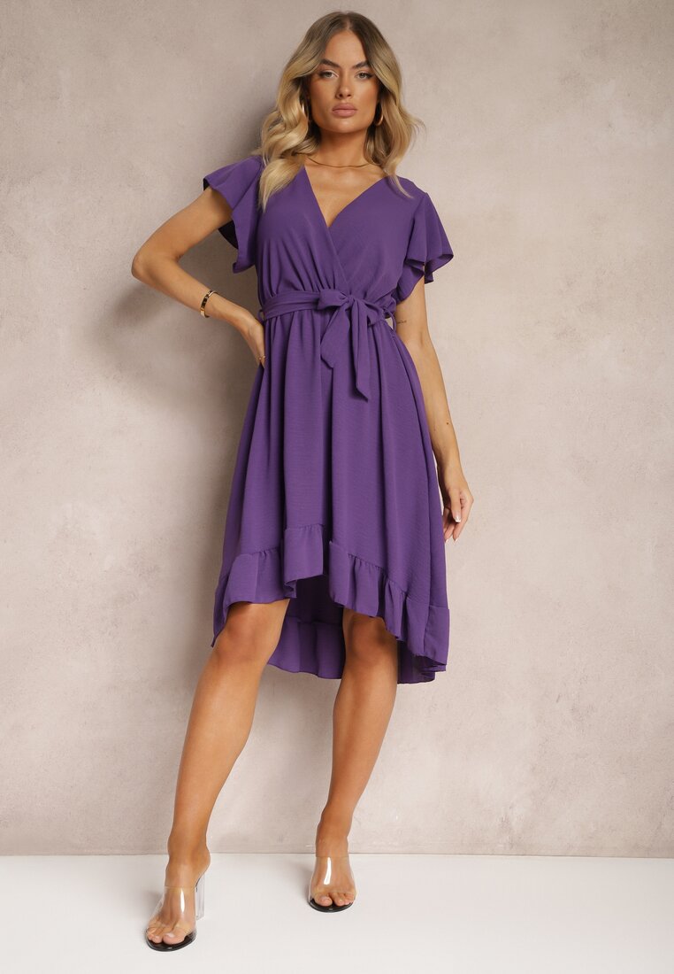 Rochie Violetă cu Spate Asimetric cu Decolteu Petrecut Accesorizată cu Curea în Talie Toridia