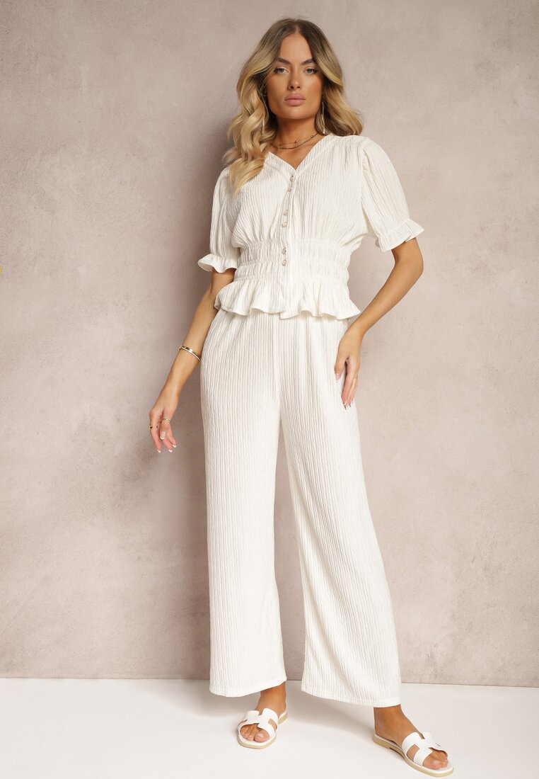 Bluză bej deschis cu mâneci bufante și pantaloni tip palazzo Aseviana