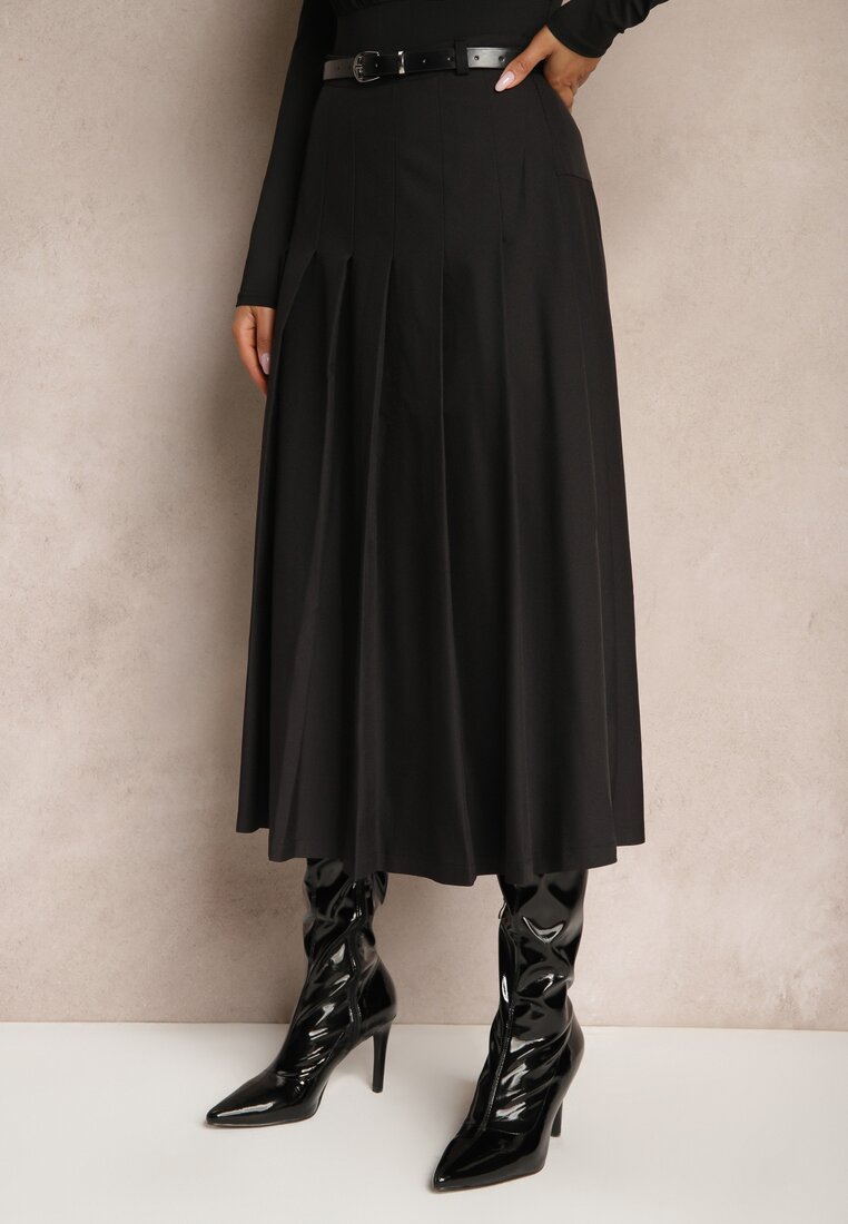 Fustă Neagră High Waist cu Pliuri și Curea în Talie Xeviana