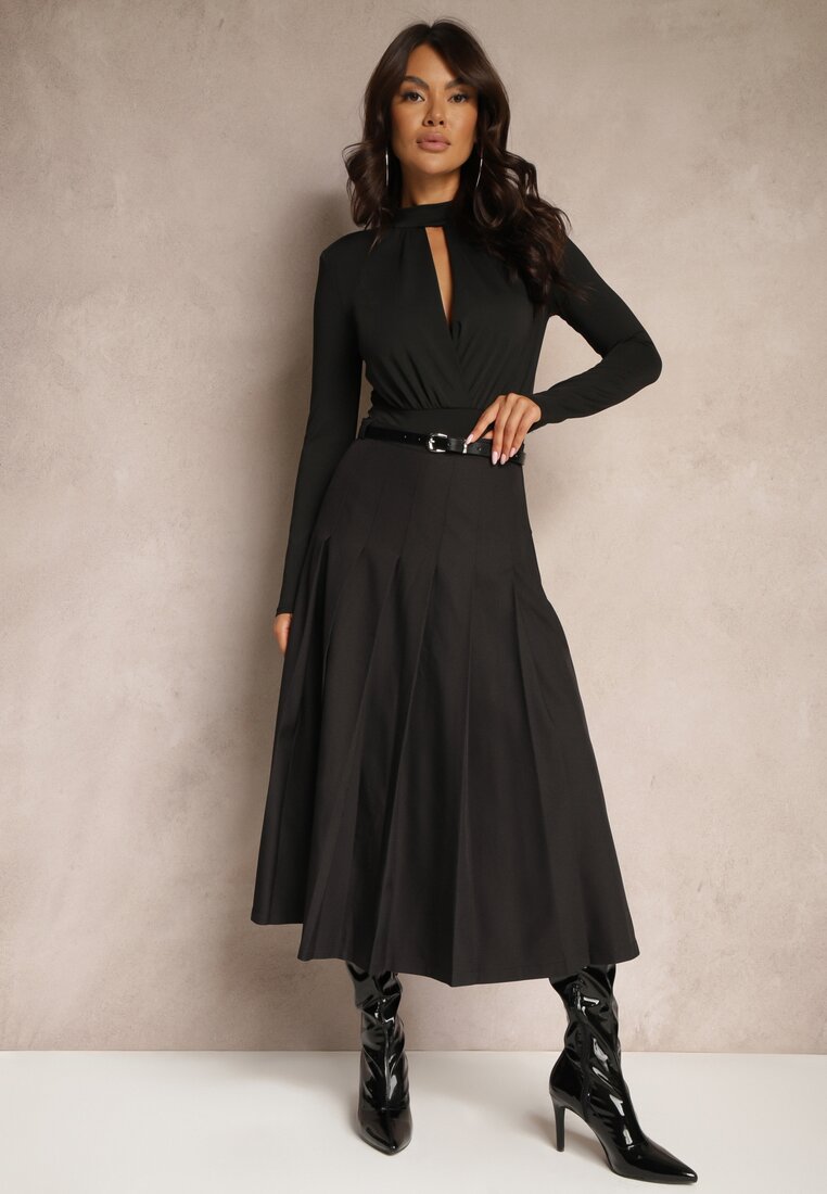 Fustă Neagră High Waist cu Pliuri și Curea în Talie Xeviana