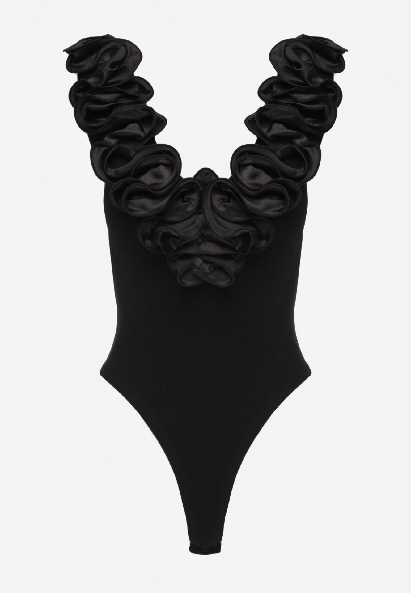 Czarne Body z Bawełny na Ramiączkach z Ozdobną Falbanką przy Dekolcie Sanadia