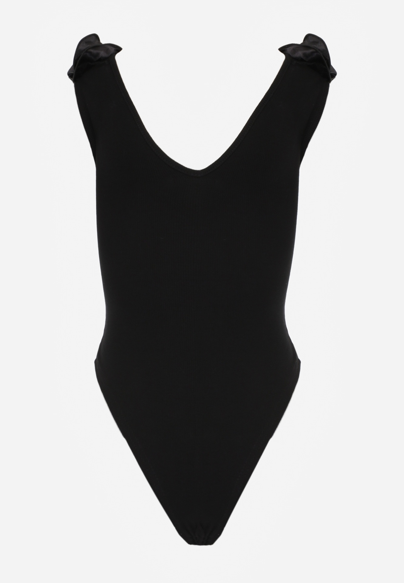 Czarne Body z Bawełny na Ramiączkach z Ozdobną Falbanką przy Dekolcie Sanadia