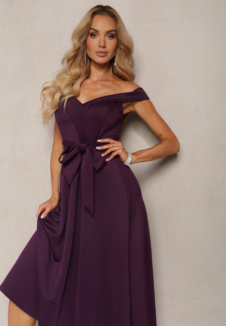 Rochie de seară violet închis tip Carmen cu curea din material Yellia