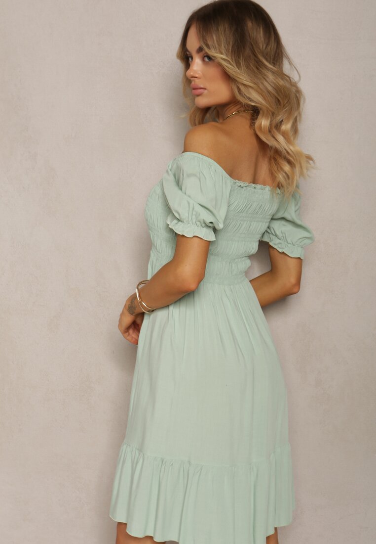 Rochie verde din bumbac evazată cu elastic la decolteu Moridia