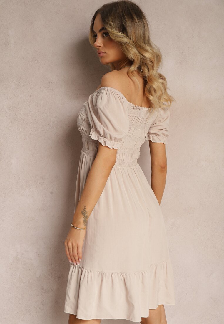 Rochie din Bumbac Bej Cloș cu Elastic la Decolteu Moridia