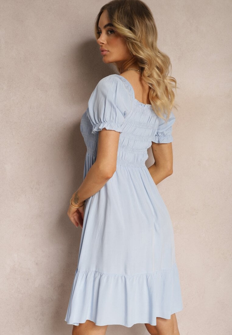 Rochie din Bumbac Albastru Deschis Cu Croi Clos cu Elastic la Decolteu Moridia