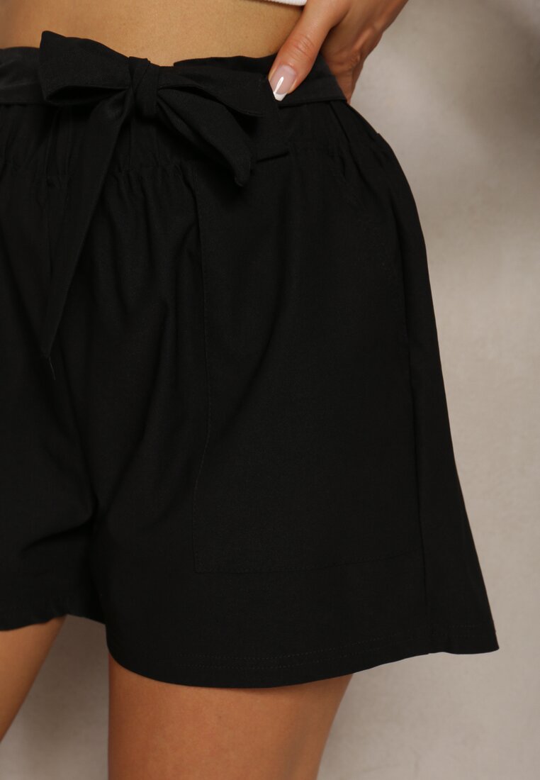 Bermude Negre High Waist cu Adaos de Bumbac cu Șnur în Talie Quisevia