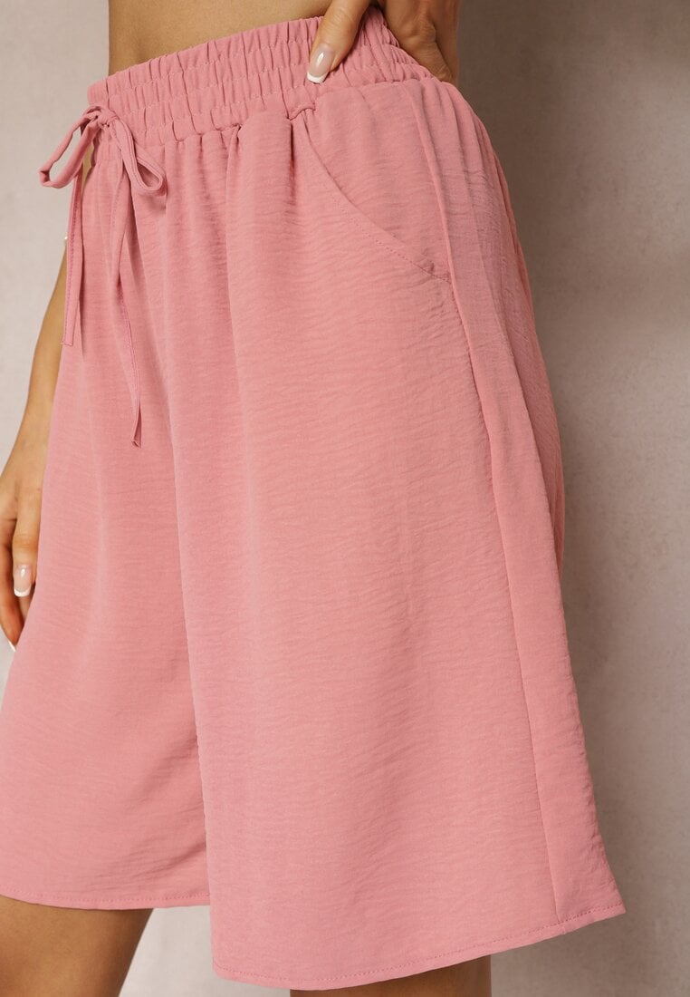 Różowe Szorty High Waist o Luźnym Kroju z Gumką w Talii Tinahs