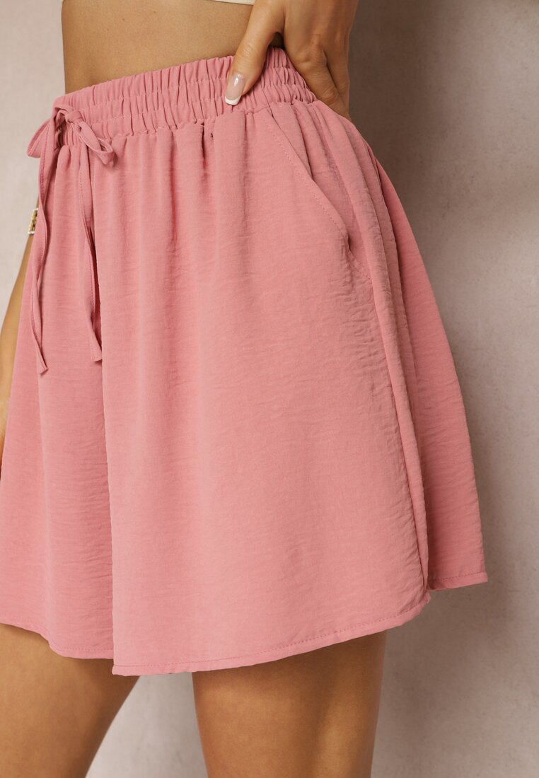 Różowe Luźne Szorty High Waist z Gumką w Talii Welovia