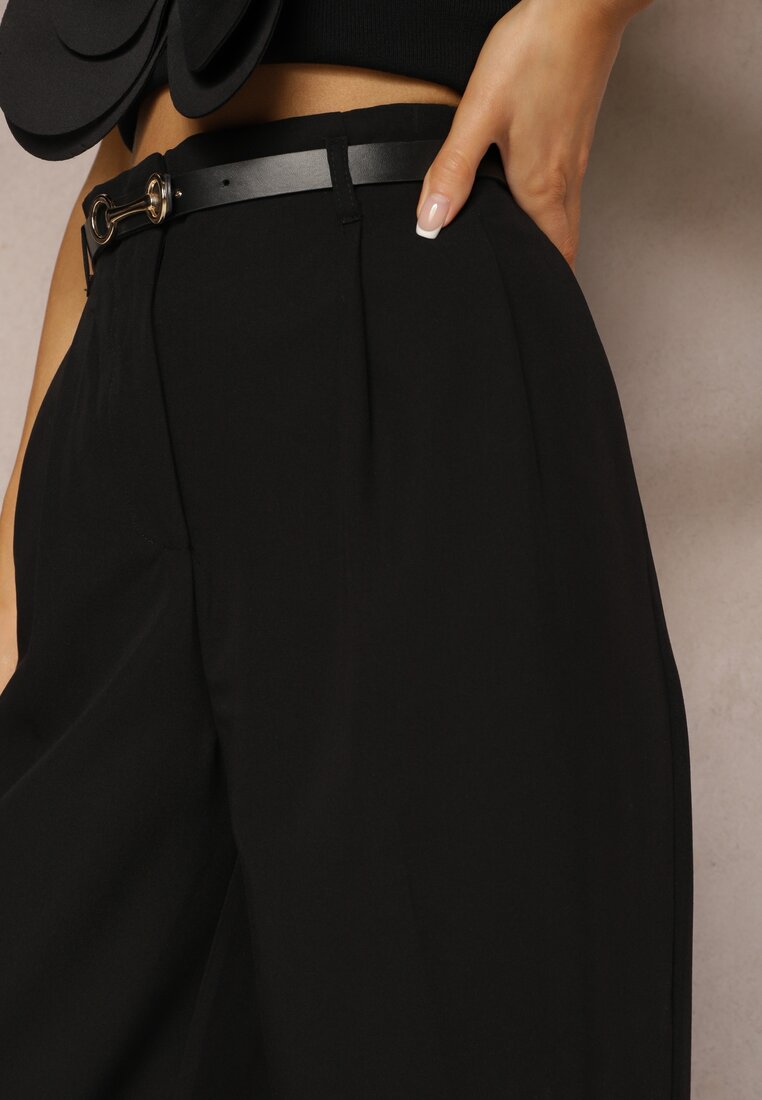 Czarne Garniturowe Spodnie z Wiskozą i Szerokimi Nogawkami High Waist Seranea