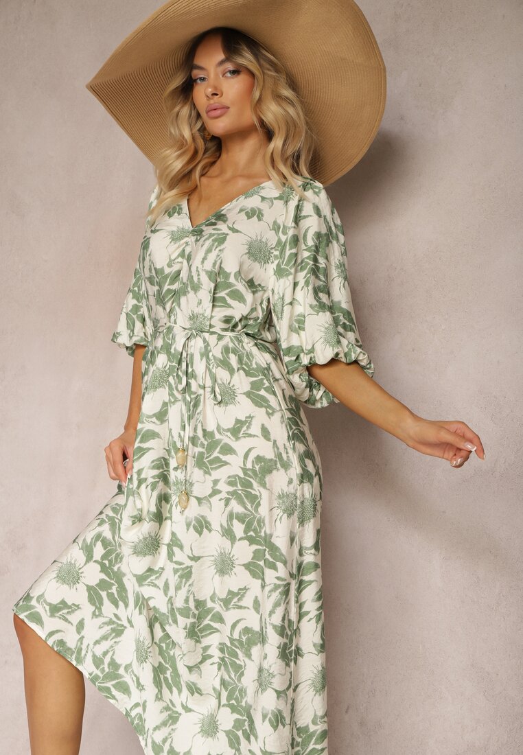 Rochie verde-albă din viscoză cu legare în talie și mâneci decorative Nanea