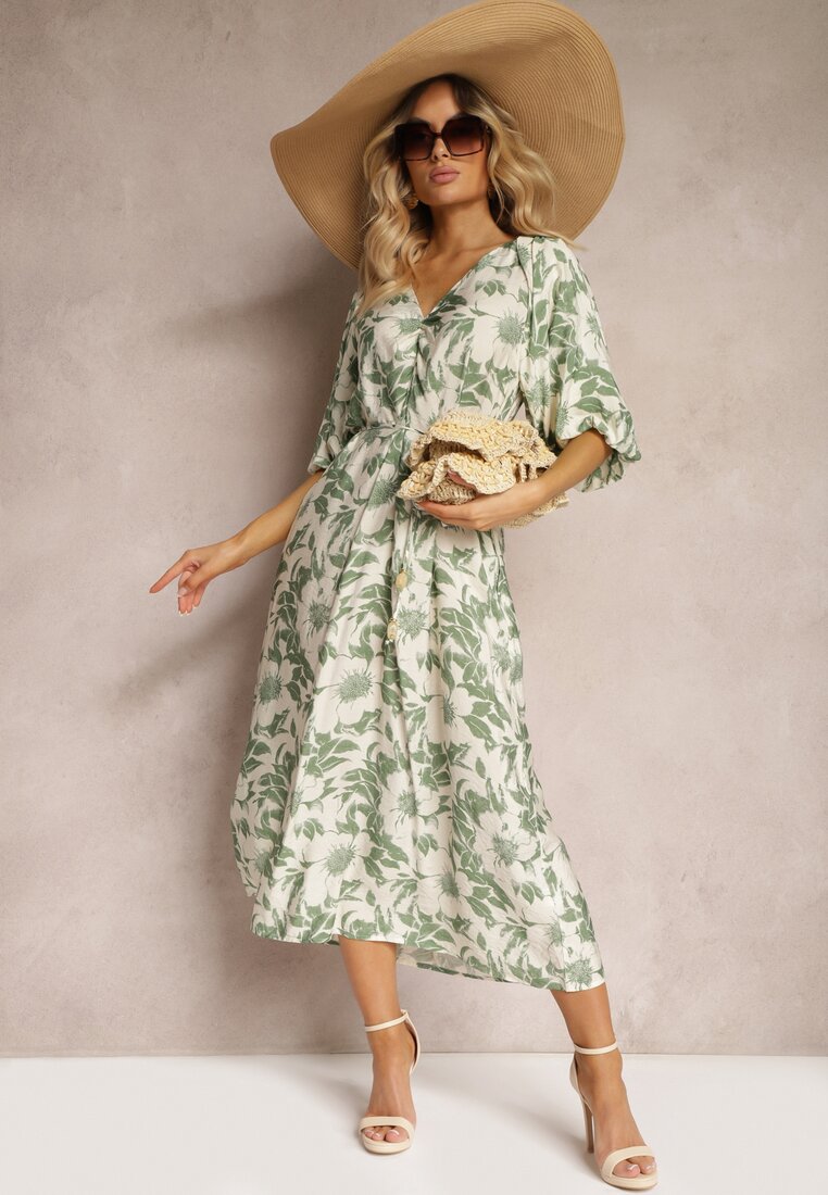 Rochie verde-albă din viscoză cu legare în talie și mâneci decorative Nanea