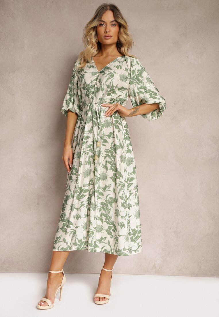 Rochie verde-albă din viscoză cu legare în talie și mâneci decorative Nanea
