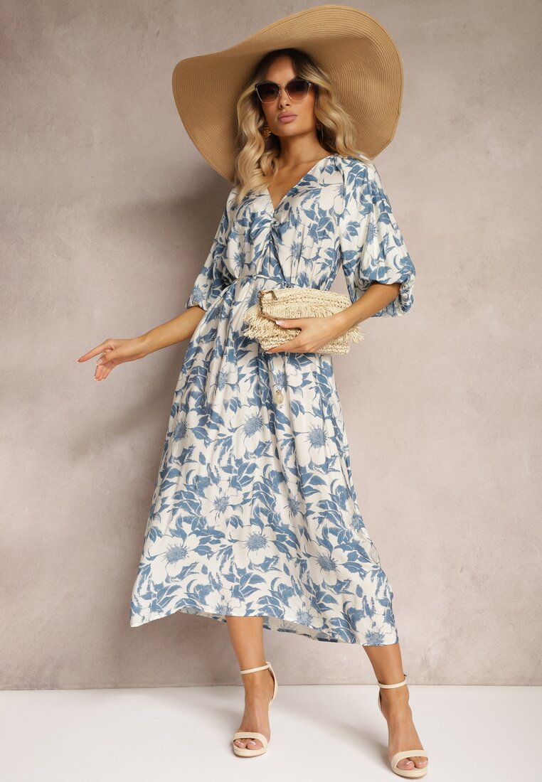 Rochie din viscoză albastru-albă cu talie legată și mâneci decorative Nanea