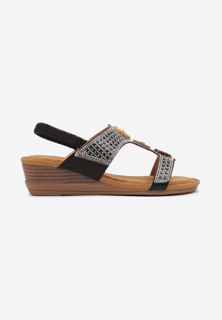 Sandale Negre Slip-On cu Platformă Imitatie Lemn Decorate cu Material Metalic Irelagia