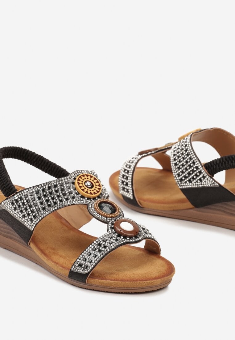 Sandale Negre Slip-On cu Platformă Imitatie Lemn Decorate cu Material Metalic Irelagia