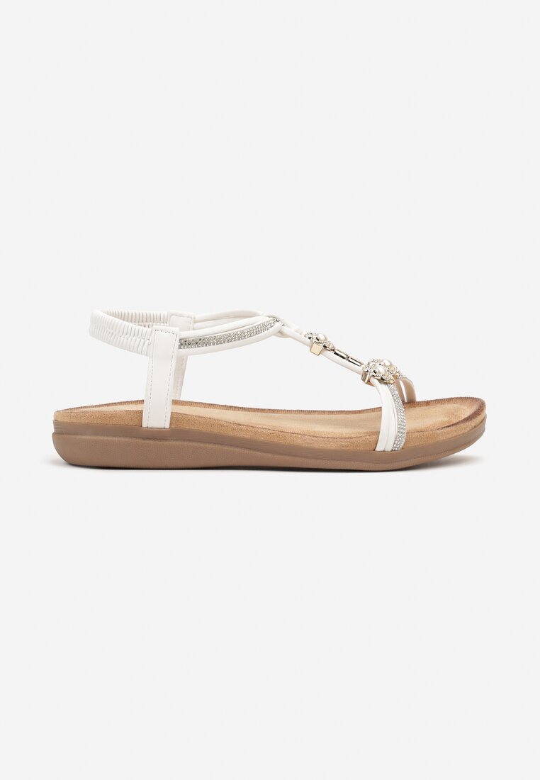 Sandale Albe Slip-On cu Mărgele și Strasuri Decorative Hiramla