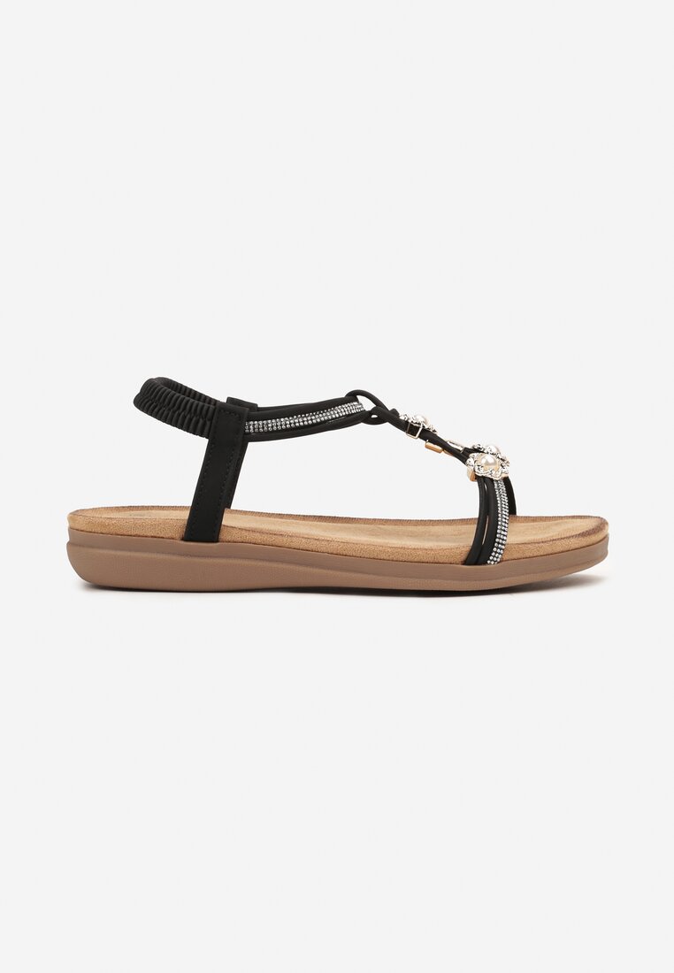 Sandale Negre Slip-On cu Margele Decorative și Pietre Hiramla