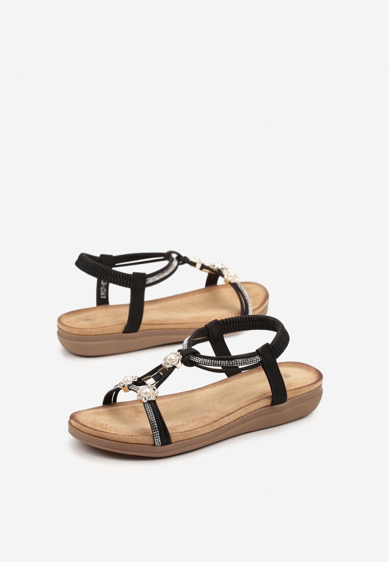 Sandale Negre Slip-On cu Margele Decorative și Pietre Hiramla