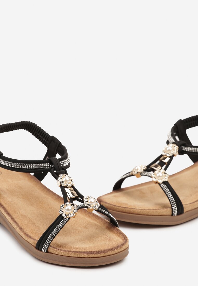 Sandale Negre Slip-On cu Margele Decorative și Pietre Hiramla