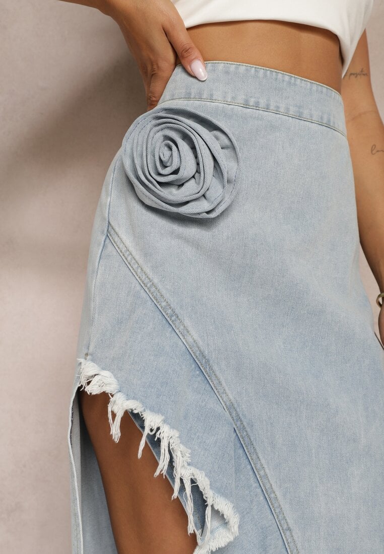 Fustă Bluză din Denim din Bumbac Talie Înaltă Croi Asimetric cu Volan și Floare Savidia
