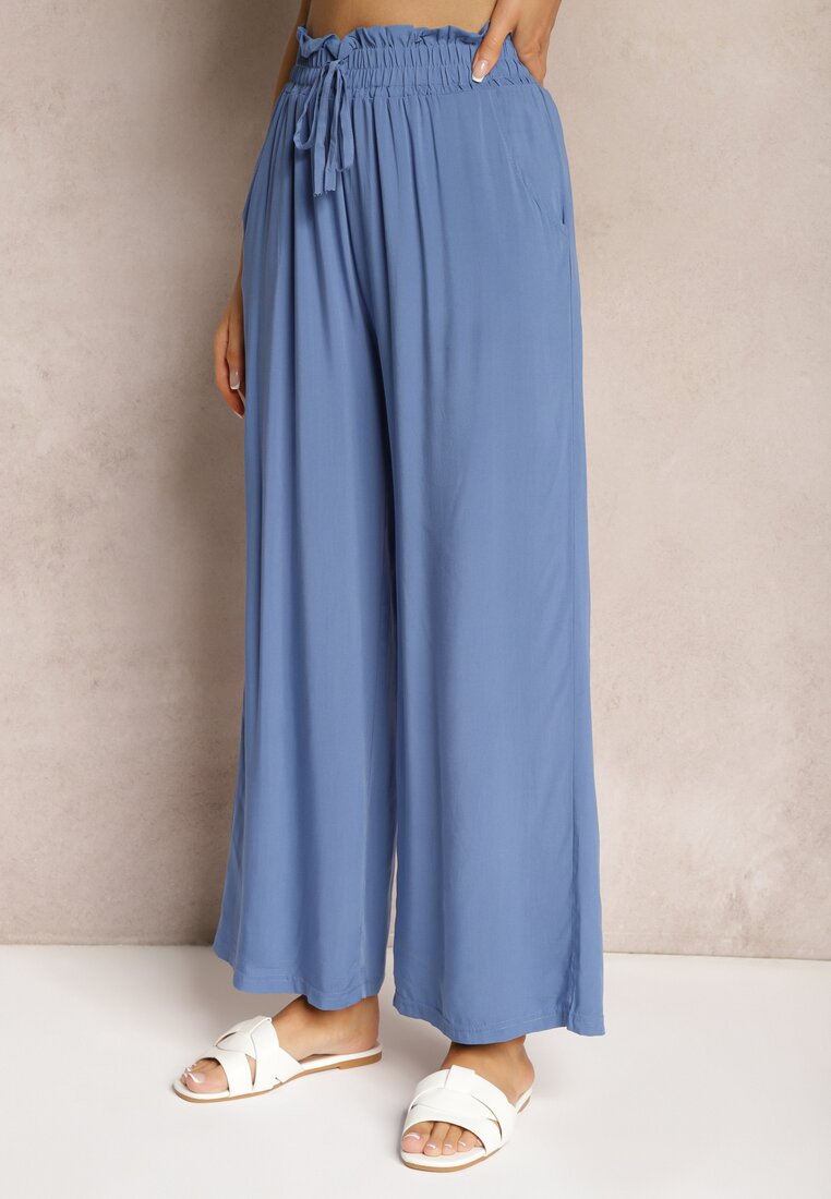 Pantaloni albaștri Palazzo High Waist din bumbac cu elastic în talie Nellsea