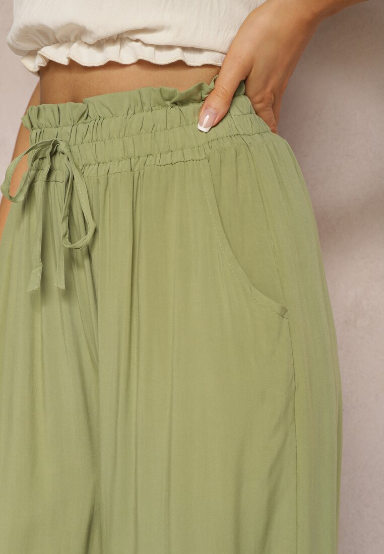 Pantaloni palazzo verzi cu talie înaltă din bumbac cu elastic în talie Nellsea