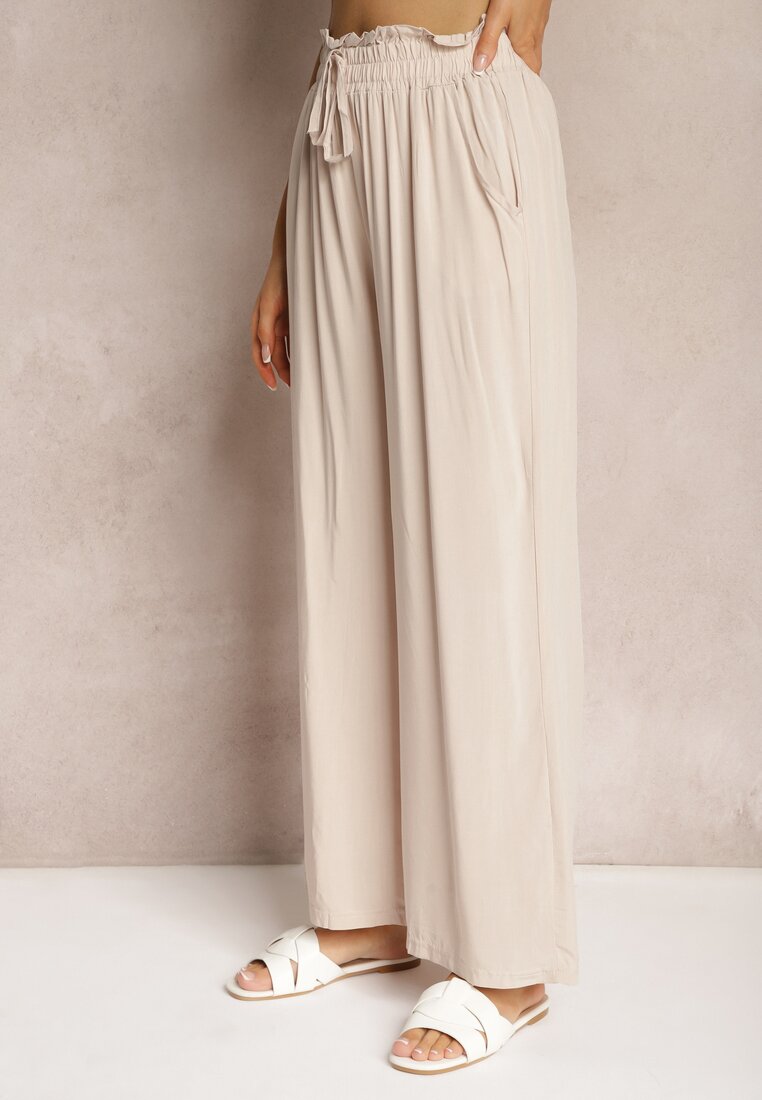 Pantaloni Palazzo bej deschis talie înaltă din bumbac cu elastic în talie Nellsea
