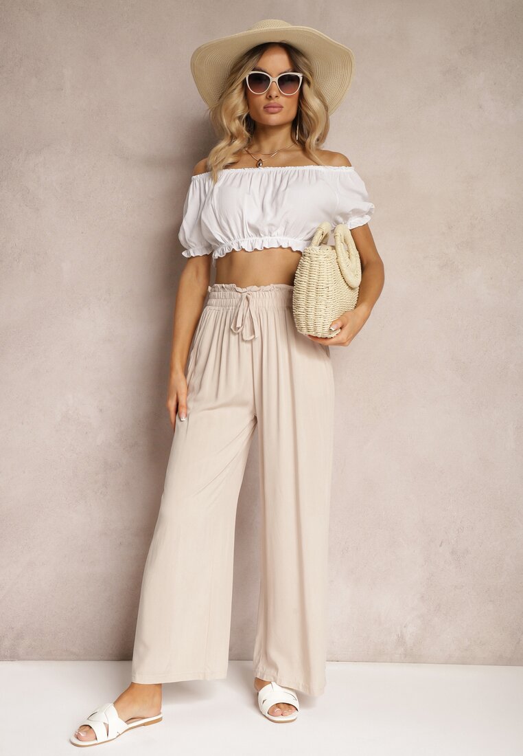 Pantaloni Palazzo bej deschis talie înaltă din bumbac cu elastic în talie Nellsea