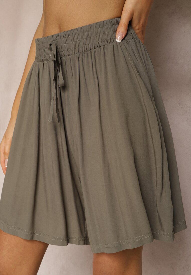 Ciemnozielone Szorty z Bawełny High Waist z Gumką w Talii Tiefia