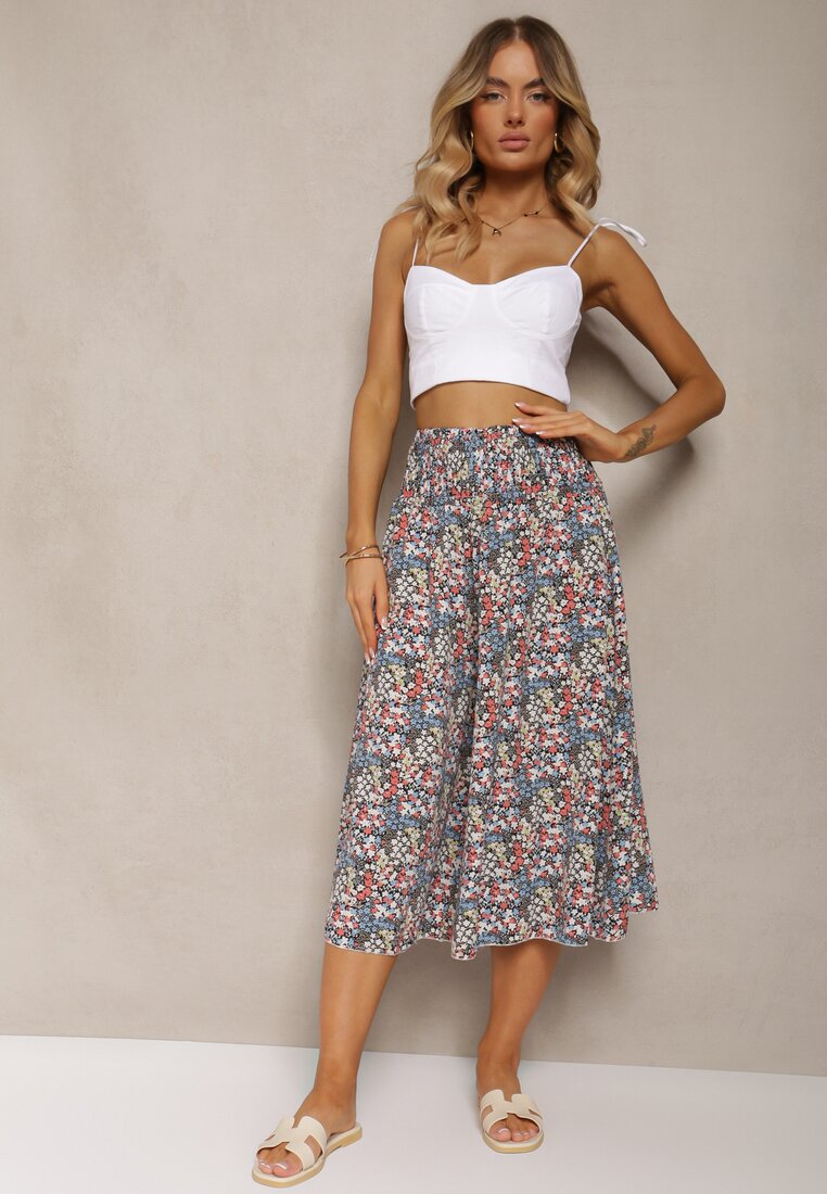Albastru-Roz Pantaloni Largi Culotte Talie Înaltă cu Elastic în Talie Vikiisona
