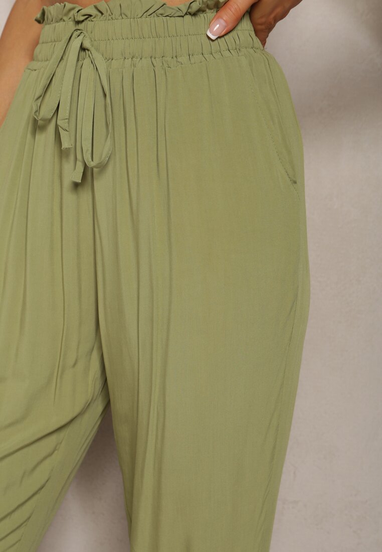 Zielone Spodnie z Bawełny Typu Paper Bag High Waist z Gumką w Talii Kitanea