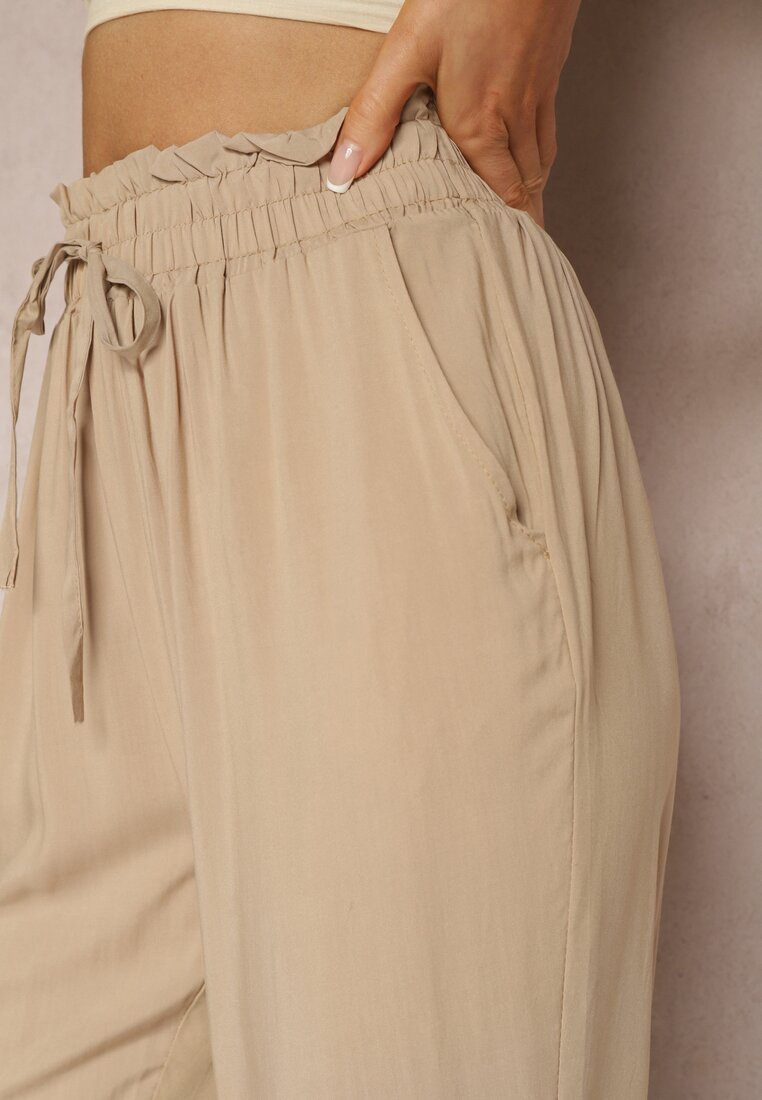 Beżowe Spodnie z Bawełny Typu Paper Bag High Waist z Gumką w Talii Kitanea