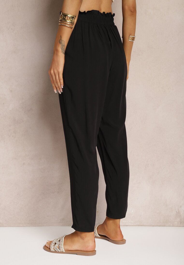 Czarne Spodnie z Bawełny Typu Paper Bag High Waist z Gumką w Talii Kitanea