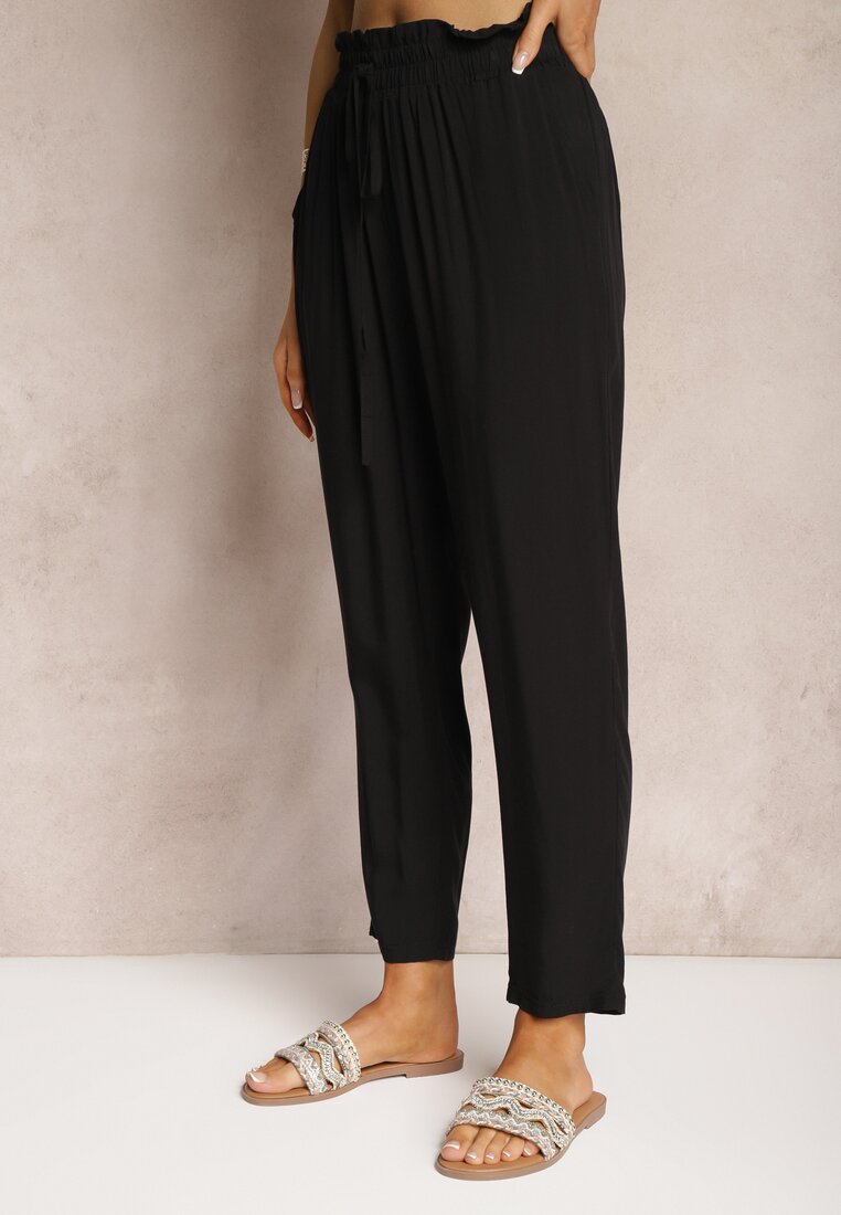 Czarne Spodnie z Bawełny Typu Paper Bag High Waist z Gumką w Talii Kitanea